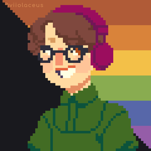 Pixel art of a short-haired chubby butch with headphones on a black and rainbow background. End description.